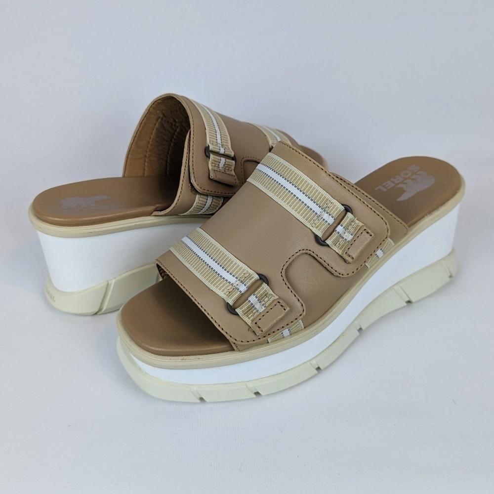 Sorel Joanie III Leather Slide Sandal Platform Wedge Adjustable Vamp Beige 8 NIB